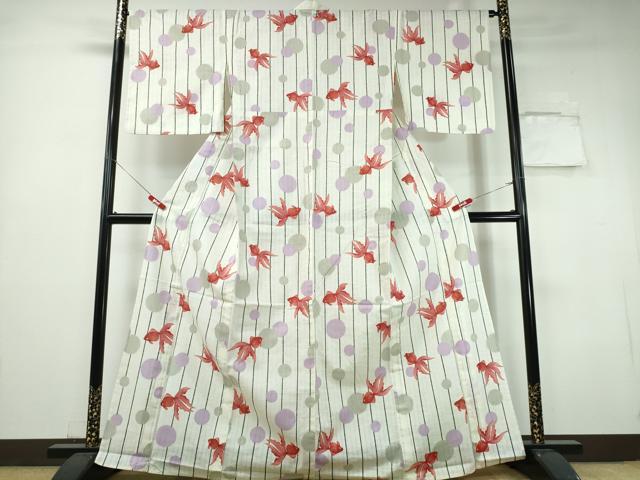 平和屋着物∴夏物 浴衣 水玉 金魚 間道 綿 逸品 CABH1543ng