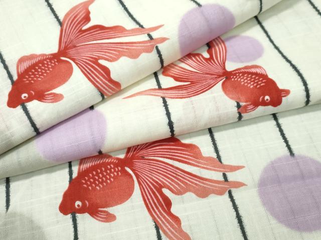 平和屋着物∴夏物 浴衣 水玉 金魚 間道 綿 逸品 CABH1543ng