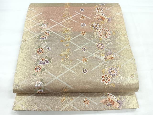 平和屋着物◎六通柄袋帯 ずいか錦 喜箒蝶舞文 金糸 正絹 逸品 CABH1612nb