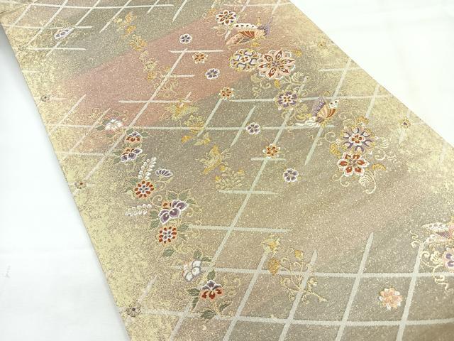 平和屋着物◎六通柄袋帯 ずいか錦 喜箒蝶舞文 金糸 正絹 逸品 CABH1612nb