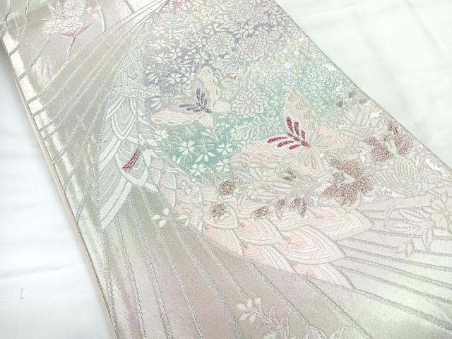 平和屋着物◎西陣 六通柄袋帯 唐織 草花舞蝶文 銀糸 正絹 逸品 CABH1614nb