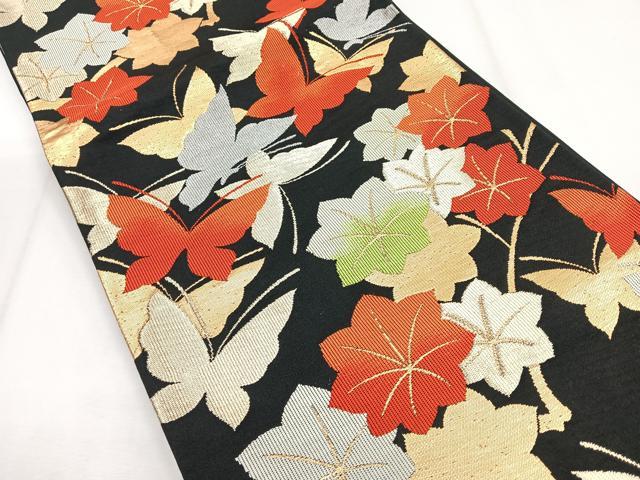 平和屋着物◎六通柄袋帯 花蝶文 黒地 金銀糸 正絹 逸品 CABH1627nb