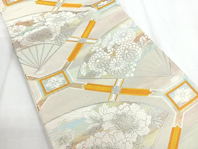 平和屋着物◎六通柄袋帯 唐織 扇面舞花文 銀糸 正絹 逸品 CABH1629nb