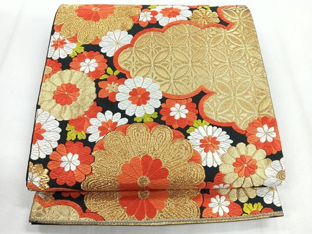 平和屋着物◎六通柄袋帯 雲取り更紗花文 黒地 金糸 正絹 逸品 CABH1634nb