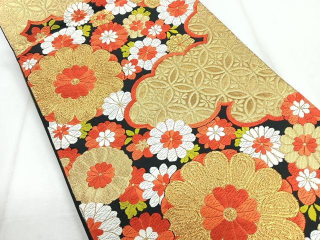 平和屋着物◎六通柄袋帯 雲取り更紗花文 黒地 金糸 正絹 逸品 CABH1634nb