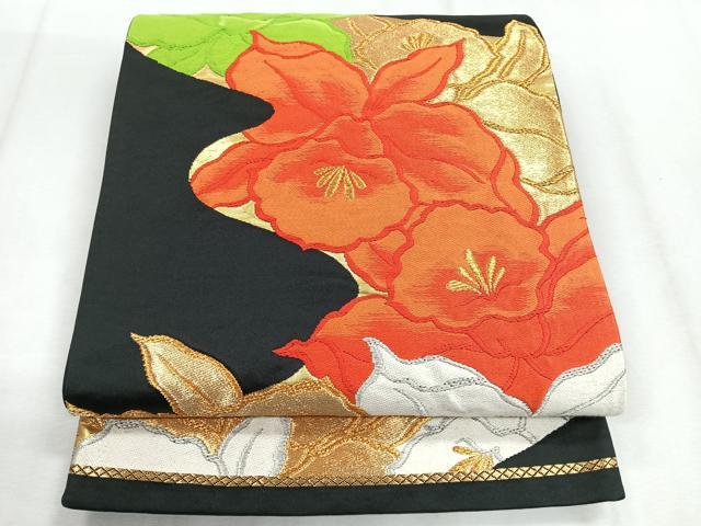 平和屋着物◎六通柄袋帯 唐織 舞花文 黒地 金銀糸 正絹 逸品 CABH1636nb