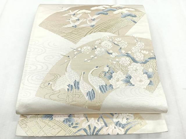 平和屋着物◎六通柄袋帯 流水地紙花鳥文 鶴 金糸 三越扱い 正絹 逸品 CABH1641nb