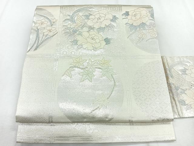 平和屋着物◎中国三大刺繍 相良刺繍 九寸名古屋帯 格子花丸文 銀糸 正絹 逸品 CABH1648nb