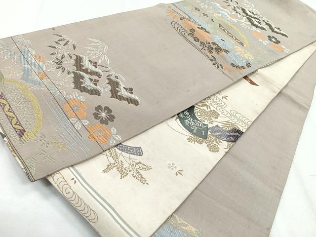 平和屋着物◎両面 太鼓柄 京袋帯 草花文 正絹 逸品 CABH1656nb