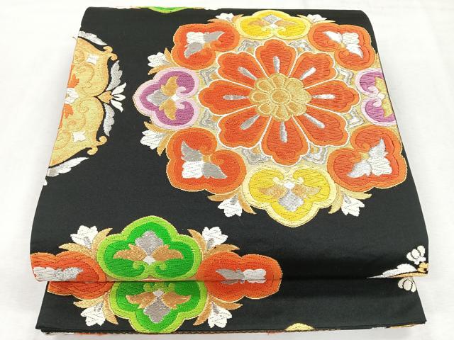 平和屋着物◎六通柄袋帯 極彩大華文 黒地 金銀糸 正絹 逸品 CABH1664nb