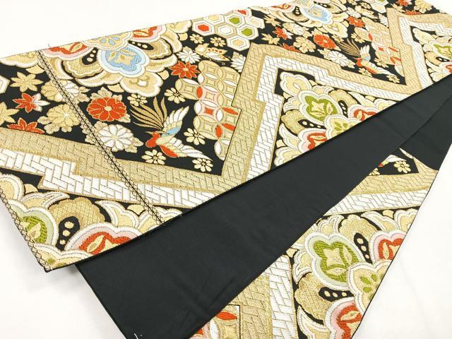 平和屋着物◎六通柄 京袋帯 花鳥舞蝶文 黒地 金糸 正絹 逸品 CABH1665nb