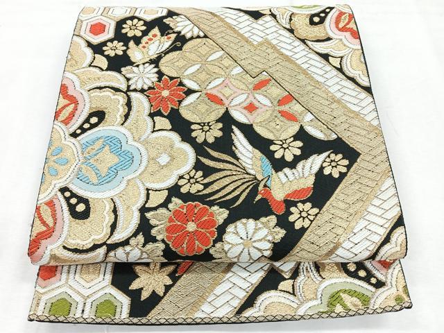 平和屋着物◎六通柄 京袋帯 花鳥舞蝶文 黒地 金糸 正絹 逸品 CABH1665nb