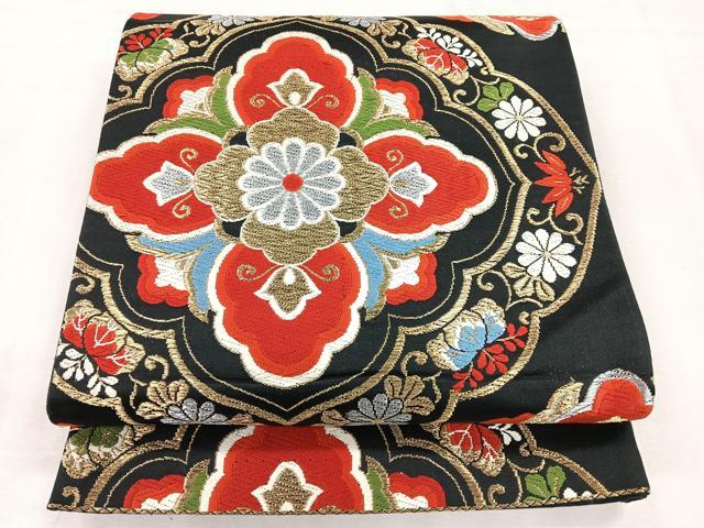 平和屋着物◎六通柄袋帯 更紗花文 黒地 金銀糸 正絹 逸品 CABH1667nb