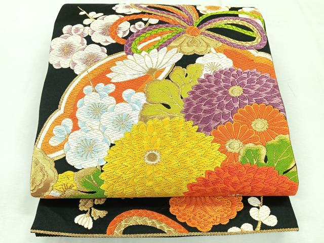 平和屋着物◎六通柄袋帯 鏡裏花文 黒地 金糸 正絹 逸品 CABH1685nb