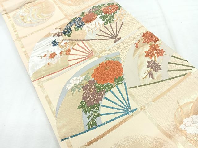 平和屋着物◎六通柄袋帯 唐織 格子扇面草花文 金銀糸 正絹 逸品 CABH1716nb
