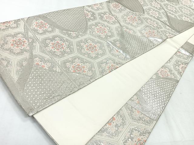 平和屋着物◎六通柄袋帯 唐織 亀甲更紗花文 銀糸 正絹 逸品 CABH1719nb