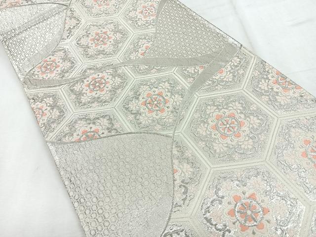 平和屋着物◎六通柄袋帯 唐織 亀甲更紗花文 銀糸 正絹 逸品 CABH1719nb
