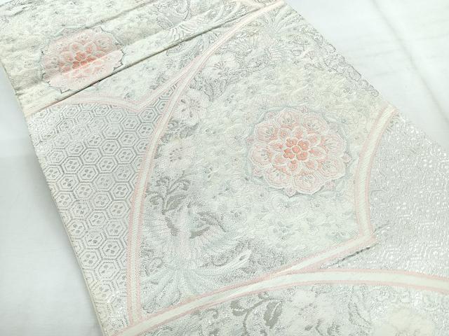 平和屋着物◎六通柄袋帯 地紙花鳥文 銀糸 正絹 逸品 CABH1736nb