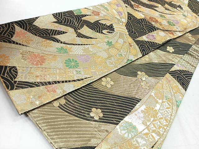 平和屋着物◎両面 六通柄袋帯 束ね熨斗草花文 黒地 金銀糸 正絹 逸品 CABH1781nb