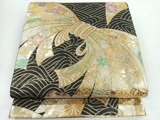 平和屋着物◎両面 六通柄袋帯 束ね熨斗草花文 黒地 金銀糸 正絹 逸品 CABH1781nb