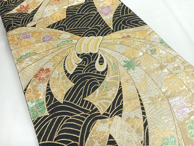 平和屋着物◎両面 六通柄袋帯 束ね熨斗草花文 黒地 金銀糸 正絹 逸品 CABH1781nb