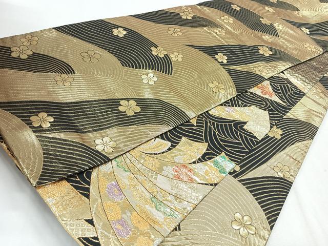 平和屋着物◎両面 六通柄袋帯 束ね熨斗草花文 黒地 金銀糸 正絹 逸品 CABH1781nb
