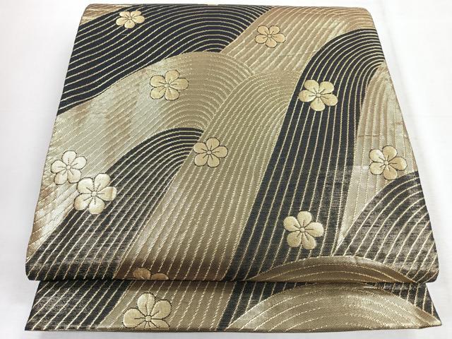 平和屋着物◎両面 六通柄袋帯 束ね熨斗草花文 黒地 金銀糸 正絹 逸品 CABH1781nb