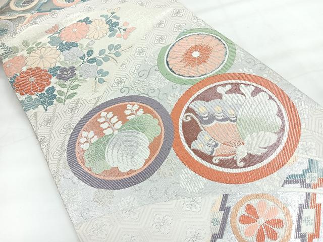 平和屋着物◎佐賀錦 六通柄袋帯 檜扇に狂言の月 銀糸 正絹 逸品 CABH1803nb