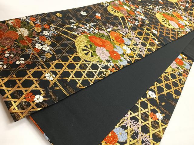 平和屋着物◎六通柄袋帯 唐織 籠目花車文 黒地 金糸 正絹 逸品 CABH1819nb