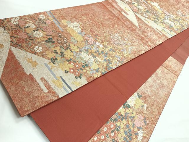 平和屋着物◎太鼓柄袋帯 作家物 蒔絵錦 草花文 正絹 逸品 CABH1822nb