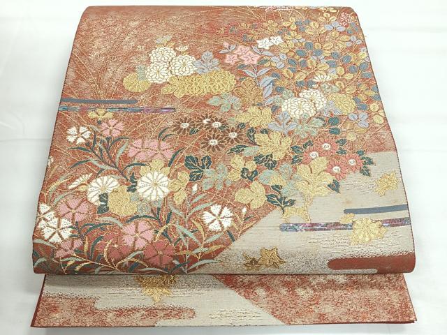 平和屋着物◎太鼓柄袋帯 作家物 蒔絵錦 草花文 正絹 逸品 CABH1822nb