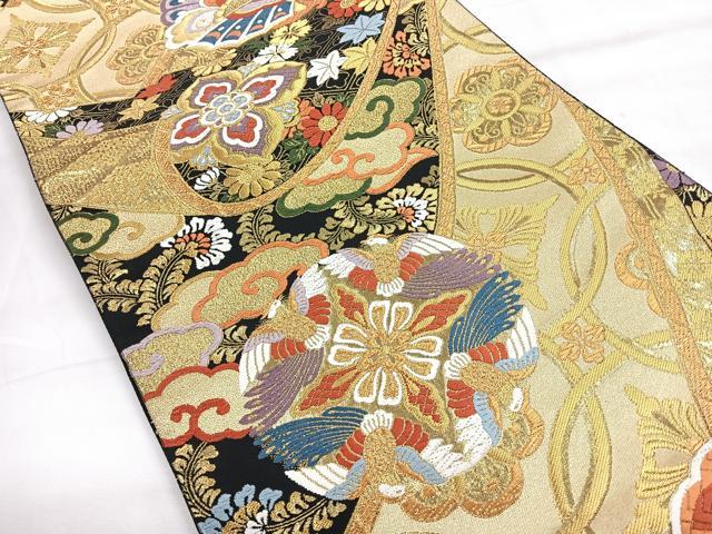 平和屋着物◎六通柄袋帯 唐織 能裳唐彩錦織 七宝花鳥文 黒地 金糸 正絹 逸品 CABH1825nb