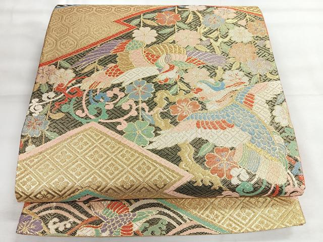 平和屋着物◎六通柄袋帯 流水花鳥文 金糸 正絹 逸品 CABH1842nb