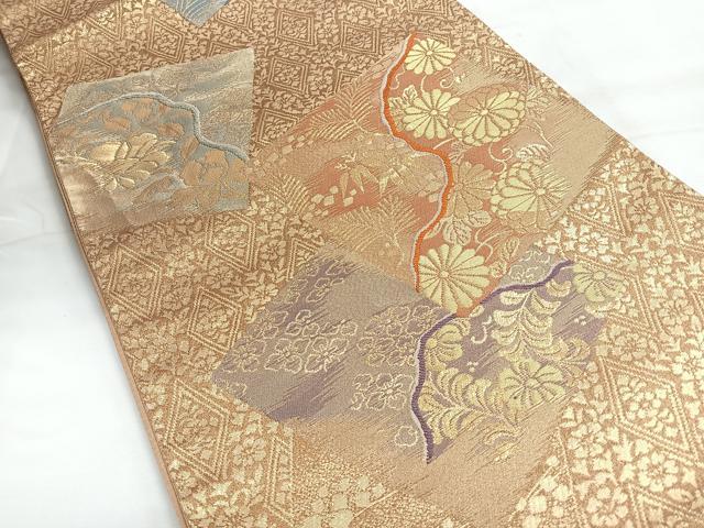 平和屋着物◎六通柄袋帯 色紙草花文 金糸 正絹 逸品 CABH1844nb