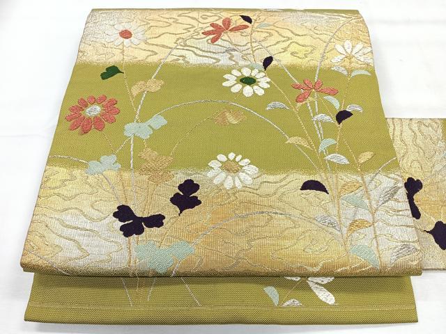 平和屋着物◎九寸名古屋帯 草花文 金銀糸 正絹 逸品 CABH1854nb