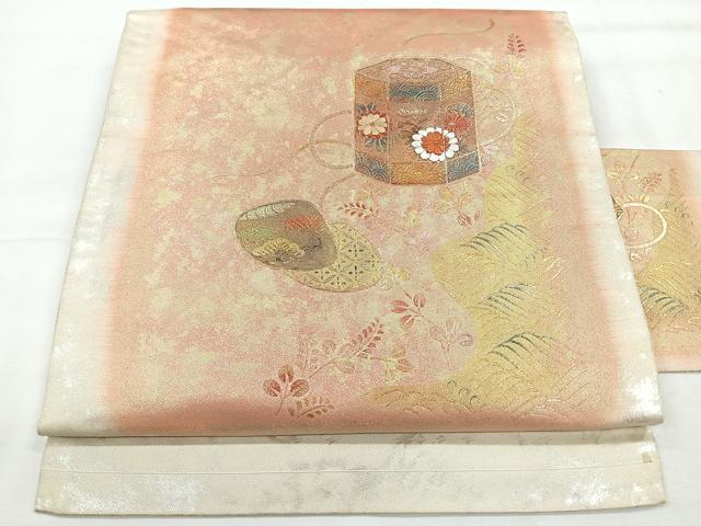 平和屋着物◎九寸名古屋帯 貝桶流水草花文 金糸 引箔 正絹 逸品 CABH1858nb