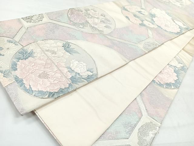 平和屋着物◎六通柄袋帯 蜀江草花丸文 銀糸 正絹 逸品 CABH1860nb