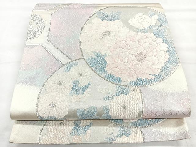 平和屋着物◎六通柄袋帯 蜀江草花丸文 銀糸 正絹 逸品 CABH1860nb