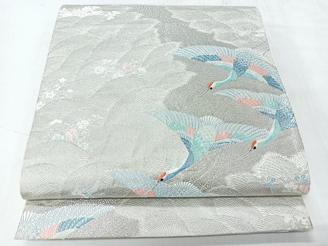 平和屋着物◎六通柄袋帯 九百錦 飛鶴花文 プラチナ箔 正絹 逸品 CABH1886nb