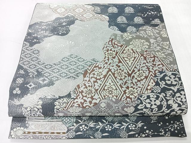 平和屋着物◎六通柄袋帯 道長取茶袋名物文 銀糸 正絹 逸品 CABH1891nb