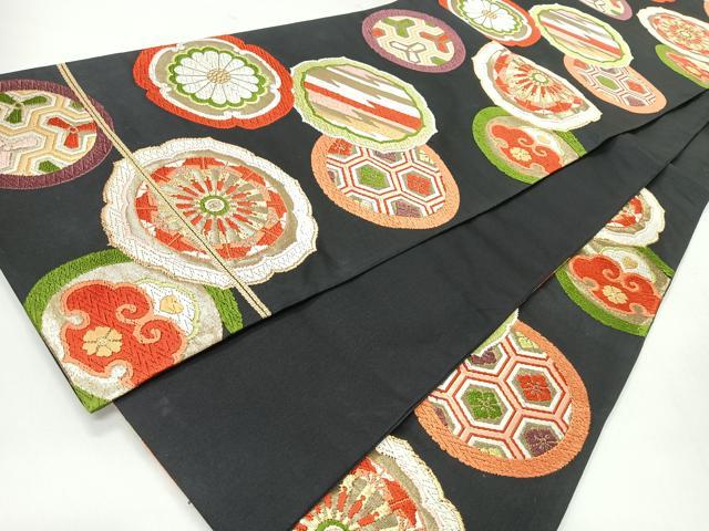 平和屋着物◎六通柄袋帯 唐織 吉祥花丸文 黒地 金糸 正絹 逸品 CABH1911nb