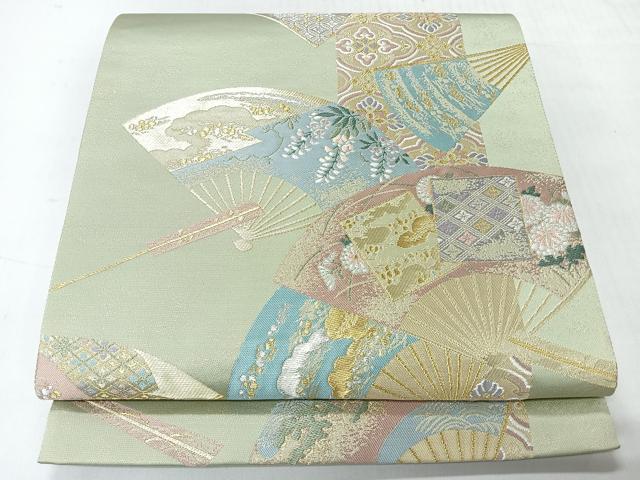 平和屋着物◎六通柄袋帯 扇面草花文 金銀糸 正絹 逸品 CABH1928nb