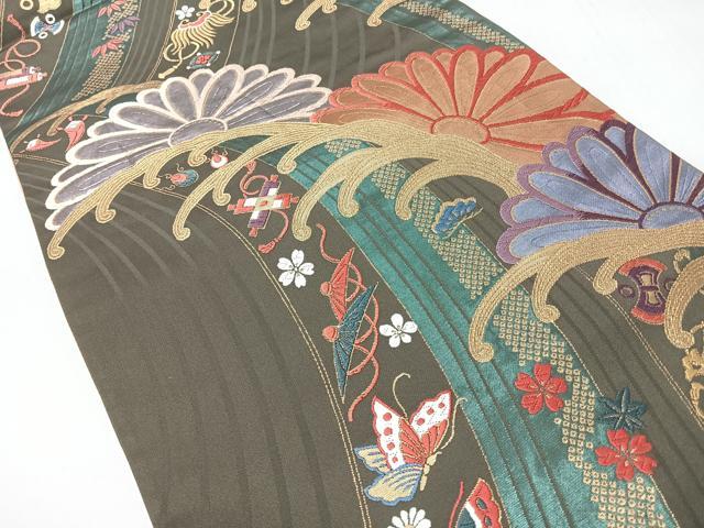 平和屋着物◎全通柄袋帯 唐織 優都里 立波花蝶文 正絹 逸品 CABH1941nb