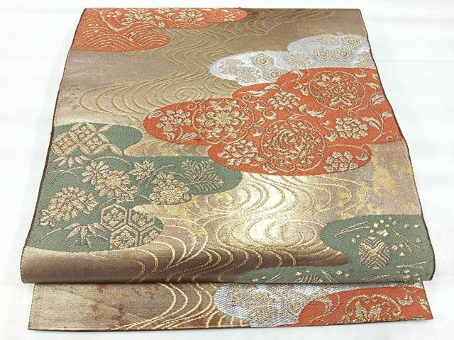平和屋着物◎六通柄袋帯 雲取り流水更紗花文 金銀糸 三越扱い 正絹 逸品 CABH1963nb