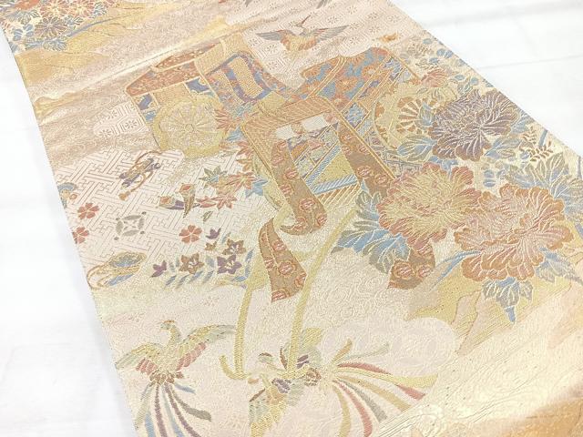 平和屋着物◎両面 六通柄袋帯 飛鳥御所車文 金糸 正絹 逸品 CABH1965nb