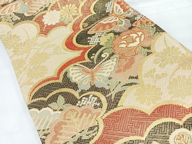 平和屋着物◎六通柄袋帯 雲取り花蝶文 金糸 正絹 逸品 CABH1970nb