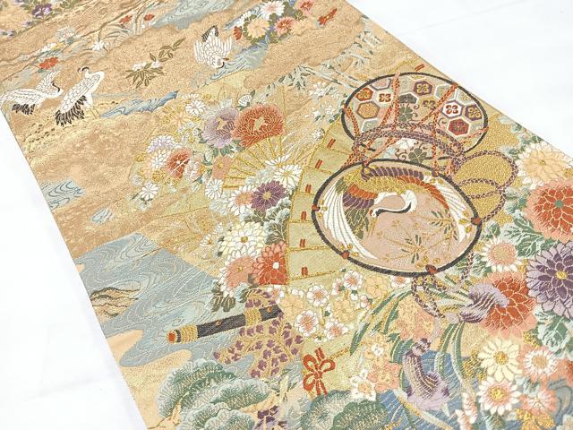 平和屋着物◎六通柄袋帯 重文扇能楽 金糸 正絹 逸品 CABH1972nb