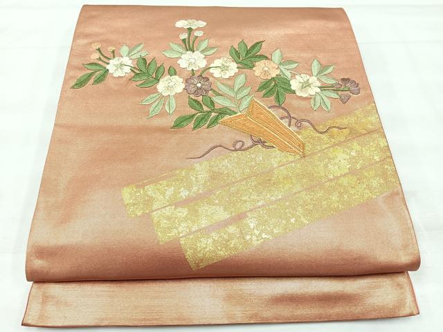 平和屋着物◎太鼓柄袋帯 駒刺繍 草花文 金糸 正絹 逸品 CABH1973nb