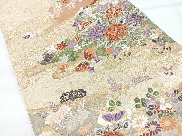 平和屋着物◎六通柄袋帯 唐織 流水花蝶文 金糸 正絹 逸品 CABH1974nb