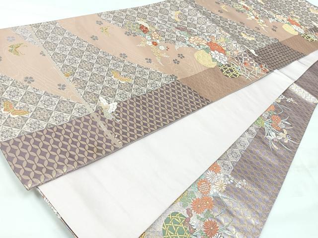 平和屋着物◎六通柄袋帯 唐織 優都里 七宝粗さ花蝶文 金銀糸 正絹 逸品 CABH1975nb